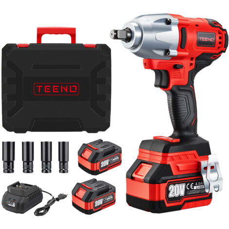 Teeno – Clé à chocs sans fil 20V – Couple 600Nm – 2 batteries 4.0Ah – Moteur Brushless – 4 douilles 17/19/21/22mm pour automobile - FIL 600 NM