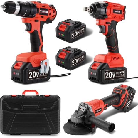Teeno – Pack de 3 outils électroportatifs 20V – Meuleuse d'angle, perceuse sans fil, clé électrique – 2 batteries 3Ah – Malette de rangement incluse