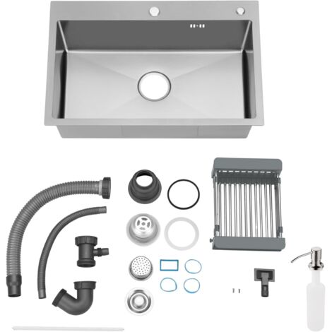 Évier Cuisine 1 Bac 68 x 45 cm TEENO, Évier à Encastrer Évier Inox Cuisine,Trous pour Robinets et Distributeur de Savon et panier télescopique, Argent