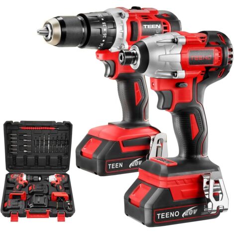 Teeno – Pack de 3 outils électroportatifs – Visseuse à choc 100Nm, perceuse 90Nm – 2 batteries 2.0Ah et chargeur inclus – Pour perçage et vissage précis - FIL 90 NM