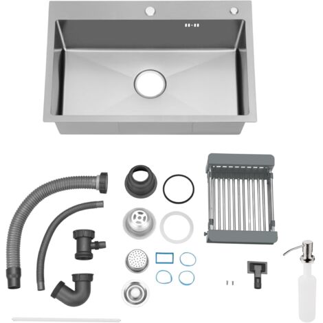 TEENO Évier de Cuisine 1 Bac en Acier Inoxydable 55 x 45 CM avec Distributeur de Savon et Panier Télescopique, Argent