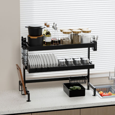 Teeno – Égouttoir à vaisselle 3 niveaux en inox – 75 cm – Avec porte-ustensiles et support planche à découper – Antidérapant pour évier