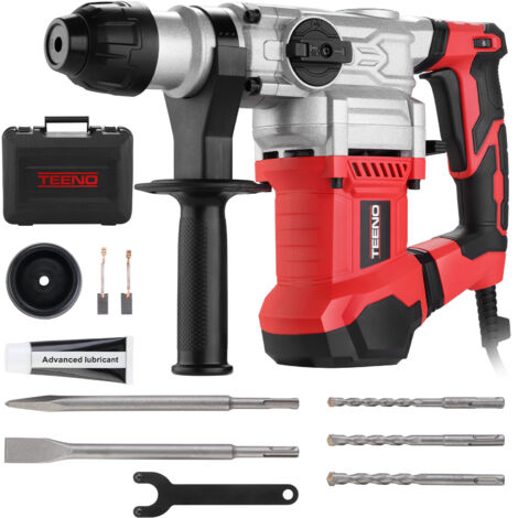 Teeno – Marteau perforateur 1500W 7J – 6 vitesses – Mandrin SDS-plus pour perçage béton, métal, bois – Embrayage de sécurité – Poignée rotative 360°