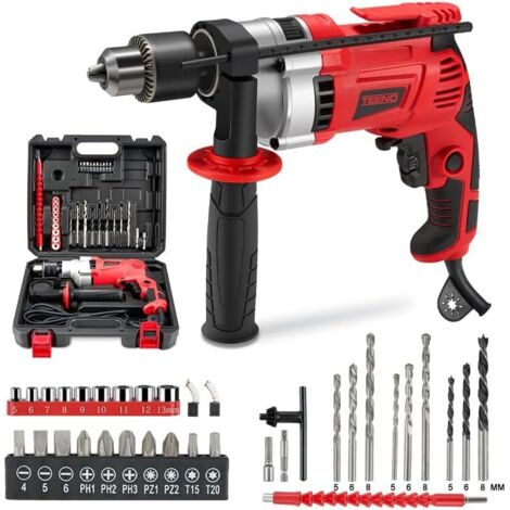 Teeno – Perceuse à percussion filaire 910W – Vitesse 0-3000 tr/min – Mandrin 13 mm – Poignée rotative 360° – Accessoires inclus pour brique, bois, acier