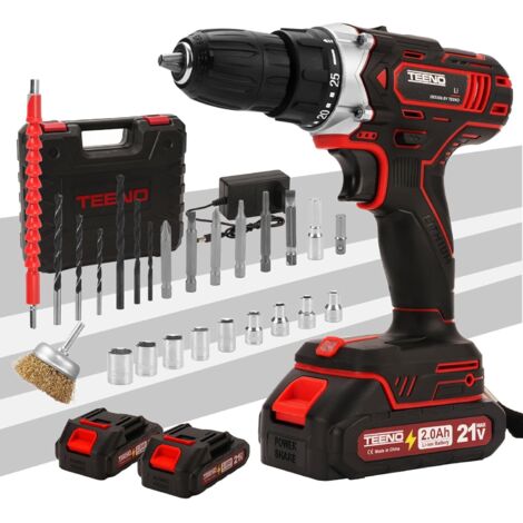 Teeno – Perceuse-visseuse sans fil 21V avec 2 batteries 2.0Ah – Couple 45Nm – 25+1 réglages de couple – 2 vitesses – LED intégrée