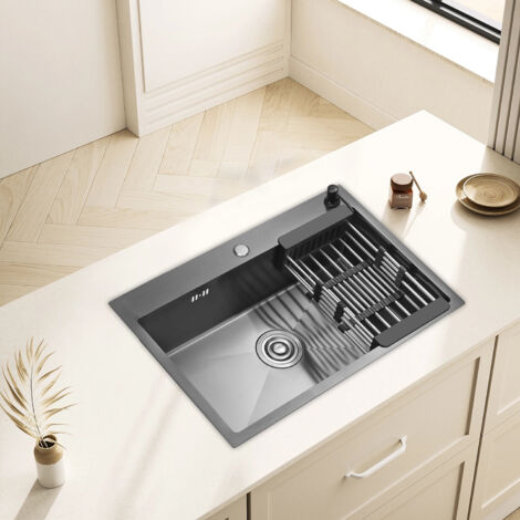TEENO Évier de Cuisine 1 Bac en Acier Inoxydable 68x45 CM avec Distributeur de Savon et Panier Télescopique, Noir