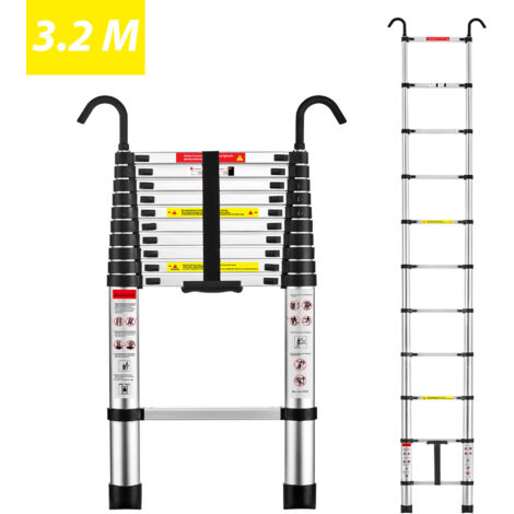 TEENO Échelle Télescopique en Aluminium, 3,2 m,Escabeau Telescopique Pliable avec Barre Stabilisatrice et Crochets Amovibles, Marchepieds escamotables, Charge 150 KG(hauteur-3,2 m)