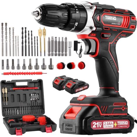 Teeno – Perceuse-visseuse sans fil 21V avec 2 batteries 2.0Ah – Couple 45Nm – 25 + 3 réglages – Moteur en cuivre pour perçage béton et métal – 39 accessoires (1/5)