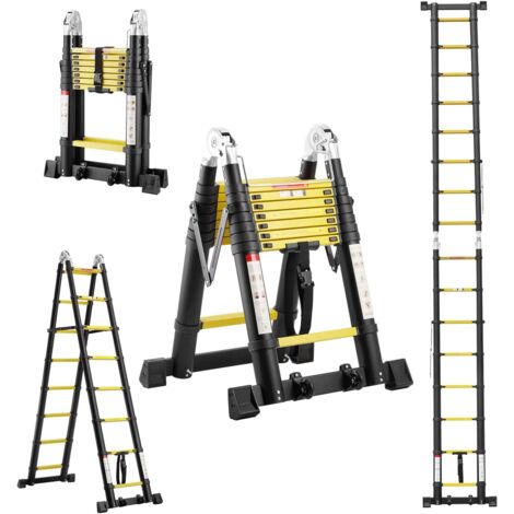 [AMAIS UTILISE] TEENO Échelle Télescopique en Aluminium 5 M (2,5+2,5), Escabeau 2x8 Marches Pliable Professionnel Multifonction, avec 2 Roues Amovibles et Stabilisateurs Triangulaires et Barre Stabili