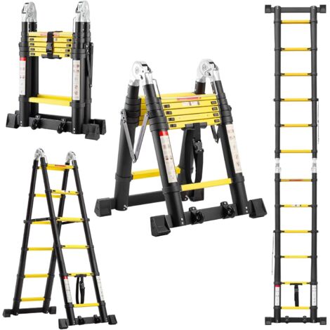 [AMAIS UTILISE] TEENO Échelle Télescopique en Aluminium 3.8 M (1.9+1.9), Escabeau 2x6 Marches Pliable Professionnel Multifonction, avec 2 Roues Amovibles et Stabilisateurs Triangulaires et Barre Stabi