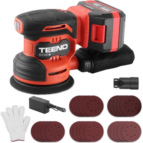 Ponceuse Orbitale Sans Fil 20V TEENO, 125mm Ponceuse Excentrique 6000-12000 tr/min, Kit Complet avec 25 Papiers de Verre, Batterie 4.0Ah et Système d'Aspiration