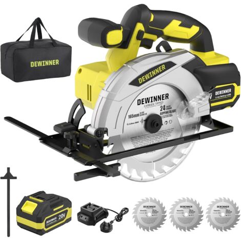 Scie Circulaire Sans Fil 20V DEWINNER, Ø185mm, Scie Circulaire Pour le Bois 4000RPM,4,0Ah Batterie, Profondeur de Coupe Max: 54mm(90°)-38mm(45°), 3 Lame (185mm 24T) +Sac en Toile, Idéal Pour Coupe de