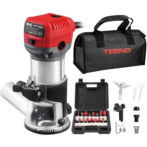 Teeno – Défonceuse affleureuse 710W – Vitesse 13000-33000 tr/min – 6 vitesses – 15 fraises 1/4'' – Housse anti-poussière – Base en aluminium