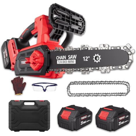 Tronçonneuse à Batterie au lithium 20V 12 Pouces 1200W, TEENO Tronçonneuse Électrique sans Fil avec Moteur Brushless, 2 Batteries 4.0Ah & 1 Chargeur, 2 Chaînes, Graissage Automatique, Rouge