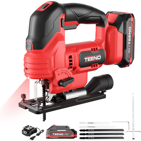 TEENO 20V Scie Sauteuse Sans Fil avec 2x2.0Ah Batteries, 800-3000 SPM Scie Sauteuse Laser avec 3 lames bois, 1 lames à métaux et 1lame PVC, Inclinaison ± 45°, 6 vitesses, LED