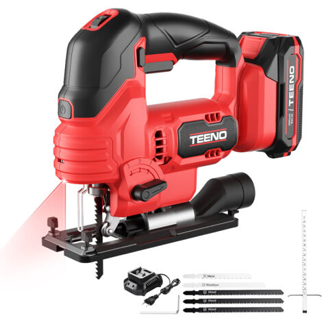 TEENO 20V Scie Sauteuse Sans Fil avec 1x2.0Ah Batteries, 800-3000 SPM Scie Sauteuse Laser avec 3 lames bois, 1 lames à métaux et 1lame PVC, Inclinaison ± 45°, 6 vitesses, LED