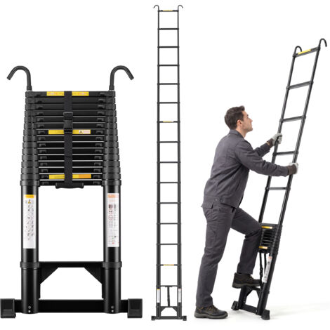 TEENO Échelle Télescopique Pliable en Aluminium, 6,2 m, Escabeau Telescopique Pliable avec 2 et Crochets Amovibles, Charge 150 KG(hauteur-6,2 m,NOIR)