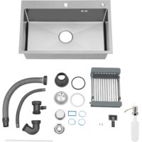 Évier Cuisine 1 Bac 68 x 45 cm TEENO, Évier à Encastrer Évier Inox Cuisine,Trous pour Robinets et Distributeur de Savon et panier télescopique, Argent