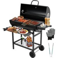 Teeno – Chariot de barbecue à charbon XXL avec couvercle – Thermomètre intégré – 4 évents réglables – 70 x 35 cm surface de cuisson – Gants anti-brûlures inclus
