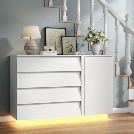 4-Schubladen-Kommode für das Schlafzimmer, schwebende weiße Kommode mit LED-Beleuchtung und Steckdose, Schubladenorganizer-Schrank