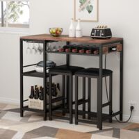 Bartisch mit Barhocker Set, Stehtisch mit 2 Barhockern und Ladestation, Esstisch Set mit 2 Seitenregalen, Stahlgestell, Industrie-Design, Küchentisch für Esszimmer, Küche, Wohnzimmer