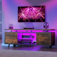 TV Schrank für 65-Zoll-Fernseher,LED-beleuchtetes Lowboard mit Steckdose und Schubladen und Schränken,TV Board mit Glasböden,fernsehschrank für Wohnzimmer,Schlafzimmer,Braun