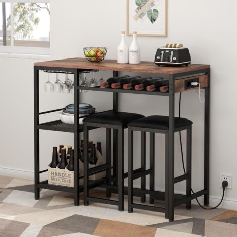 Set Tavolo da Bar con Sgabelli da Bar, Tavolo Alto con 2 Sgabelli e Stazione di Ricarica, Set Tavolo da Pranzo con 2 Ripiani Laterali, Struttura in Acciaio, Design Industriale