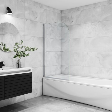 800x1400mm Bathroom Chrome Pivot Bath Shower Screen With Towel Rail Curved Frameless Glass Reversible (1/5)