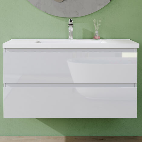 AVER-GROWTH 1000mm Gloss White Bathroom Vanity Unit With Wash Basin Ceramic Sink, 2 Soft-Close Drawers for Storage, Wall Hung Cabinets
