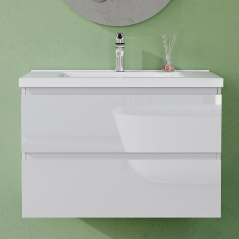 AVER-GROWTH 800mm Gloss White Bathroom Vanity Unit With Wash Basin Ceramic Sink, 2 Soft-Close Drawers for Storage, Wall Hung Cabinets