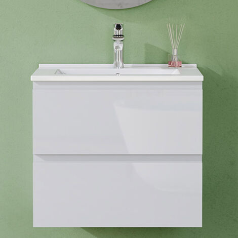 AVER-GROWTH 600mm Gloss White Bathroom Vanity Unit With Wash Basin Ceramic Sink, 2 Soft-Close Drawers for Storage, Wall Hung Cabinets (1/5)