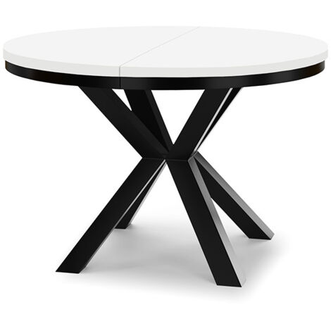 Table à manger ronde extensible RAL avec cerclage métallique, style loft, industriel, diamètre : 120 / 220 cm, couleur : blanc / noir