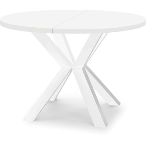 Table de salle à manger ronde extensible RAL avec pieds en bois, style loft, industriel, diamètre : 90 / 190 cm, couleur : blanc