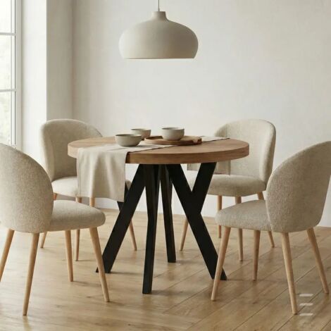 Table de salle à manger ronde extensible PERO, style loft, scandinave, diamètre : 90 / 140 cm, couleur :wotan / noir