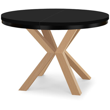 Table à manger ronde extensible RAL avec cerclage métallique, style loft, industriel, diamètre : 100 / 150 cm, couleur : noir / hêtre naturel (1/4)