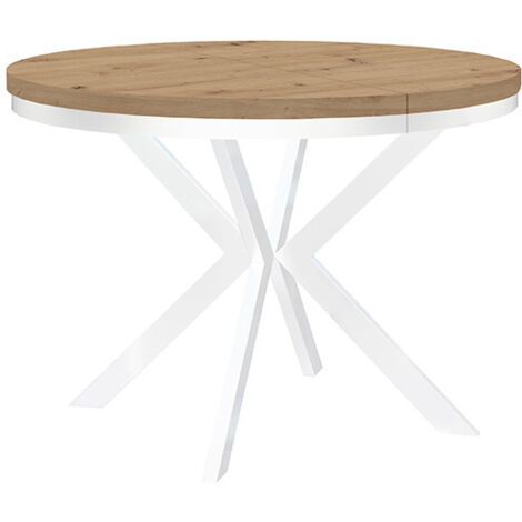 Table de salle à manger ronde extensible ENDIK, avec cerclage métallique, style loft, industriel, diamètre : 110 / 160 cm, Couleur :Artisan / Blanc