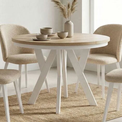Table de salle à manger ronde extensible PERO avec cerclage métallique, style loft, scandinave, diamètre : 110 / 210 cm, Couleur :Sonoma / Blanc (1/4)