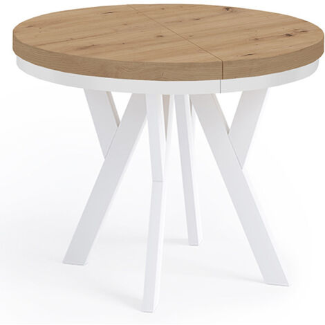 Table de salle à manger ronde extensible PERO avec cerclage métallique, style loft, scandinave, diamètre : 100 / 150 cm, couleur :Artisan/Blanc