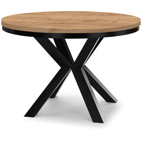 Table à manger ronde extensible RAL avec cerclage métallique, style loft, industriel, diamètre : 90 / 190 cm, couleur :craft or / noir