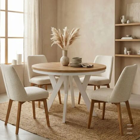 Table de salle à manger ronde extensible PERO avec cerclage métallique, style loft, scandinave, diamètre : 100 / 200 cm, couleur : Craft Golden/Blanc