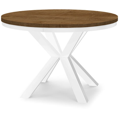 Table à manger ronde extensible RAL avec cerclage métallique, style loft, industriel, diamètre : 100 / 150 cm, couleur :Lefkas / blanc