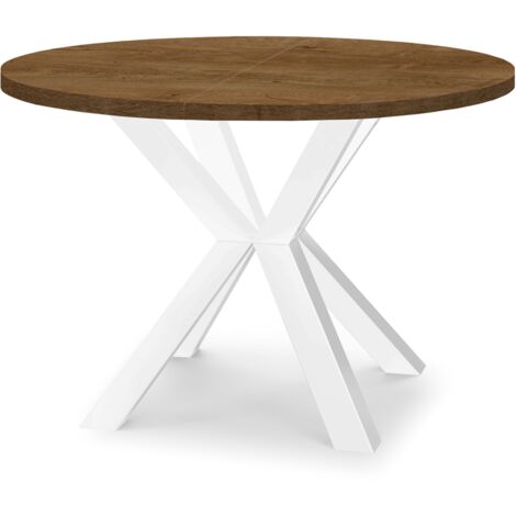 Table de salle à manger ronde extensible RAL avec pieds en bois, style loft, industriel, diamètre : 100 / 200 cm, Couleur :Lefkas / Blanc