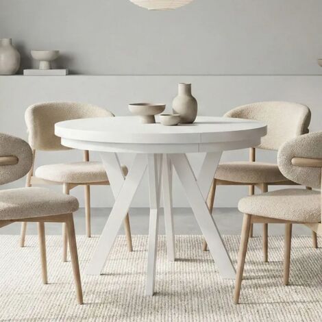 Table de salle à manger ronde extensible PERO avec cerclage métallique, style loft, scandinave, diamètre : 110 / 160 cm, couleur : blanc (1/5)
