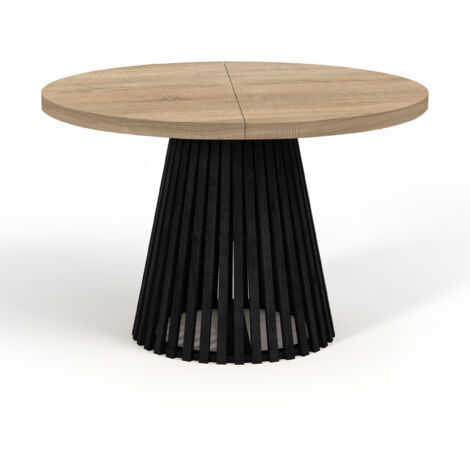 Table à manger ronde extensible DOVER avec lamelles- style industriel/loft avec pieds Ă lattes, diamètre : 100 / 150 cm, couleur :sonoma / noir (1/4)