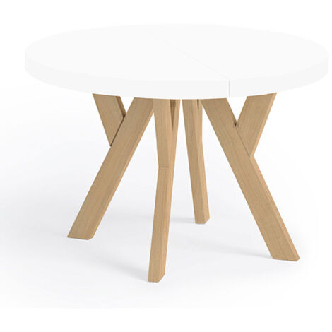 Table de salle à manger ronde extensible PERO, style loft, scandinave, diamètre : 110 / 160 cm, couleur : blanc / hêtre naturel