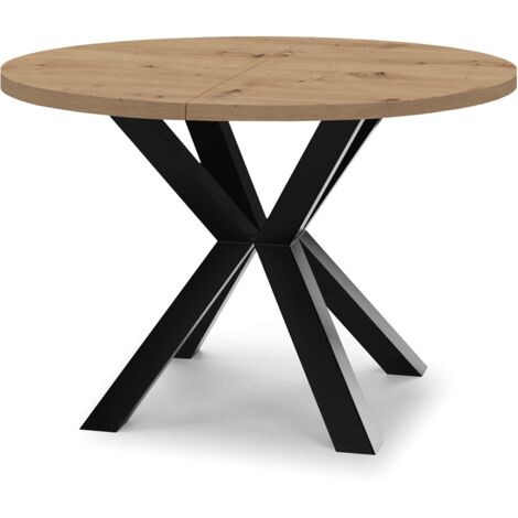 Table de salle à manger ronde extensible RAL avec pieds en bois, style loft, industriel, diamètre : 120 / 220 cm, couleur :Artisan / noir