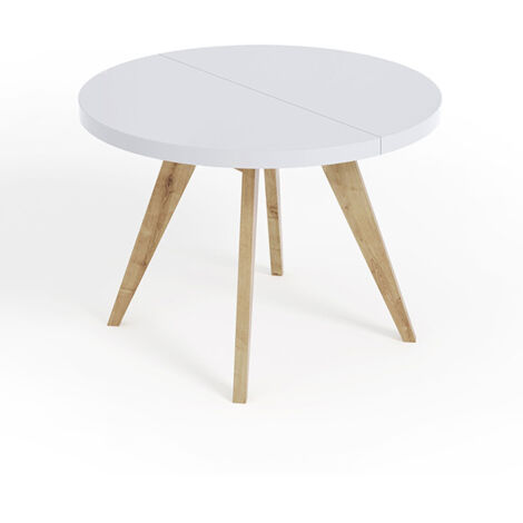 Table de salle à manger ronde extensible LORA, style loft, scandinave, diamètre : 110 / 160 cm, couleur : blanc / naturel (1/4)