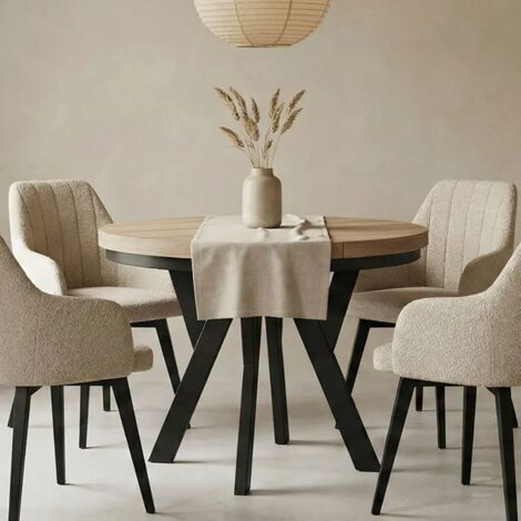 Table de salle à manger ronde extensible PERO avec cerclage métallique, style loft, scandinave, diamètre : 90/140 cm, couleur :sonoma / noir