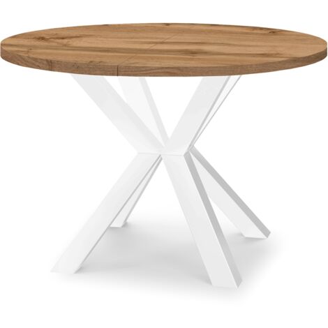 Table de salle à manger ronde extensible RAL avec pieds en bois, style loft, industriel, diamètre : 100 / 200 cm, couleur :Wotan / blanc