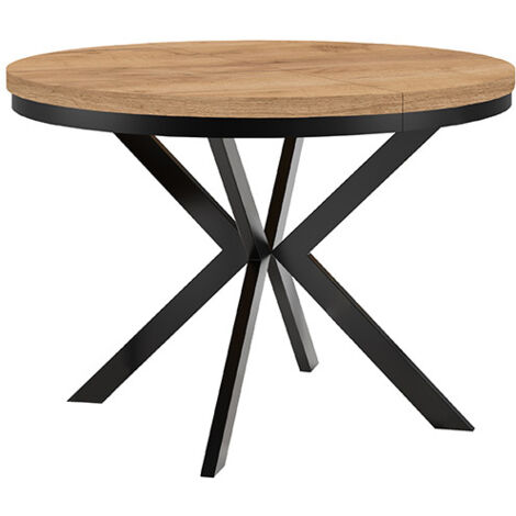 Table de salle à manger ronde extensible ENDIK avec cerclage métallique, diamètre : 100 / 150 cm, couleur :craft or / noir (1/3)